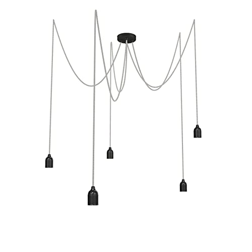 Relight Pendelleuchte 5-flammig Kraken (höhenverstellbar), E27 Lampenfassungen aus Bakelit, 5x 1.5 Meter Textilkabel Schwarz-Weiß Zick Zack von Relight