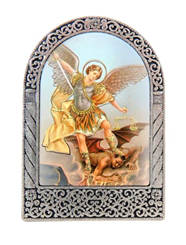 Religious Gifts Saint Michael der Erzengel Ikone in Silberton Metall Bogen stehend Plakette 6,4 cm von Religious Gifts