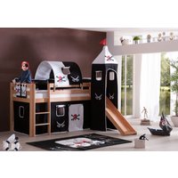 Halbhohes Spielbett ALEX mit Rutsche/Turm/Tunnel Buche massiv natur lackiert mit Stoffset Pirat von Relita