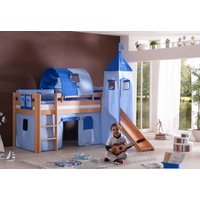 Halbhohes Spielbett ALEX, Rutsche/Turm/Tunnel, Buche massiv natur, inkl. Stoffset blau/delfin von Relita