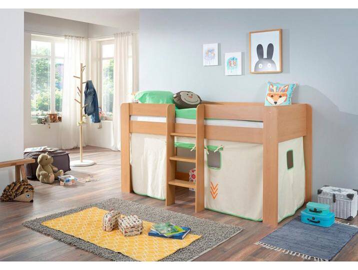 Hochbett RELITA Andi , beige (buche dekor natur beige, grün), Liegefläche B/L: 90cm x 200cm, kein Härtegrad, kein Härtegrad, Spanplatte: Buche Nachbildung Melamin natur;Stoff: 100% Baumwolle (bei 30 C waschbar), Hochbetten, mit Rolllattenrost und Vorhang, mit Leiter, pflegel. Dekor Oberfläche von Relita