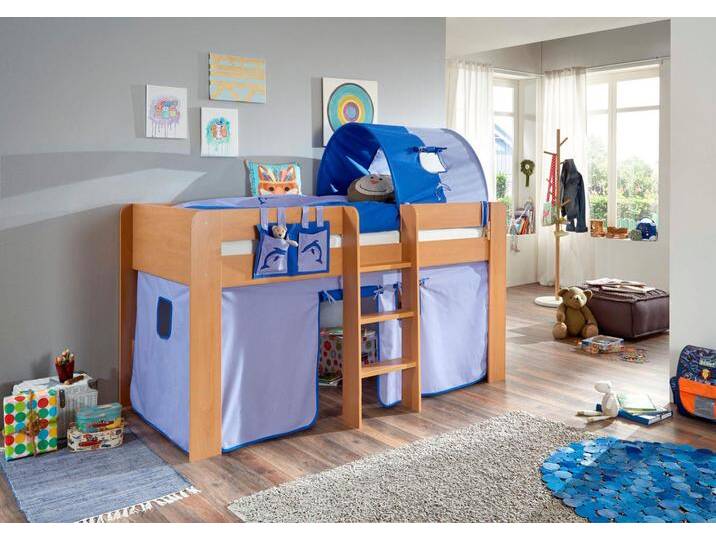 Hochbett RELITA Andi , blau (buche dekor natur blau, delfin), H:107cm, Spanplatte: Buche Nachbildung Melamin natur;Stoff: 100% Baumwolle (bei 30 C waschbar), Hochbetten, mit Rolllattenrost, Textil-Set und Leiter, pflegel. Dekor Oberfläche von Relita