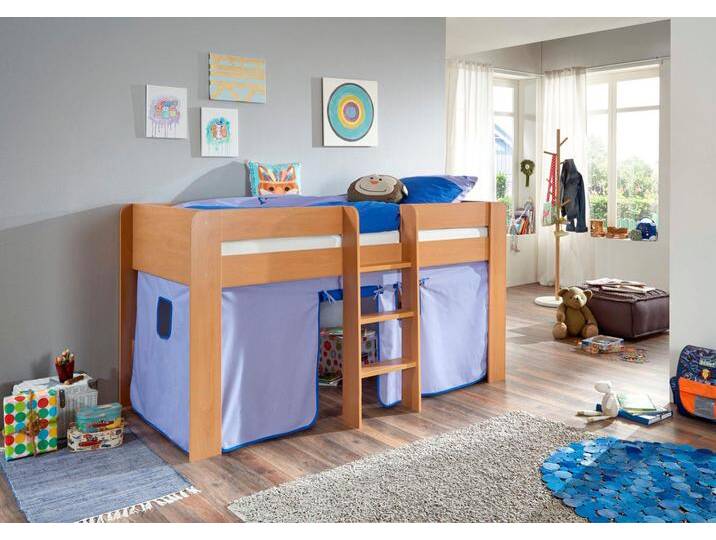 Hochbett RELITA Andi , blau (buche dekor natur blau, delfin), Liegefläche B/L: 90cm x 200cm, kein Härtegrad, kein Härtegrad, Spanplatte: Buche Nachbildung Melamin natur;Stoff: 100% Baumwolle (bei 30 C waschbar), Hochbetten, mit Rolllattenrost und Vorhang, mit Leiter, pflegel. Dekor Oberfläche von Relita