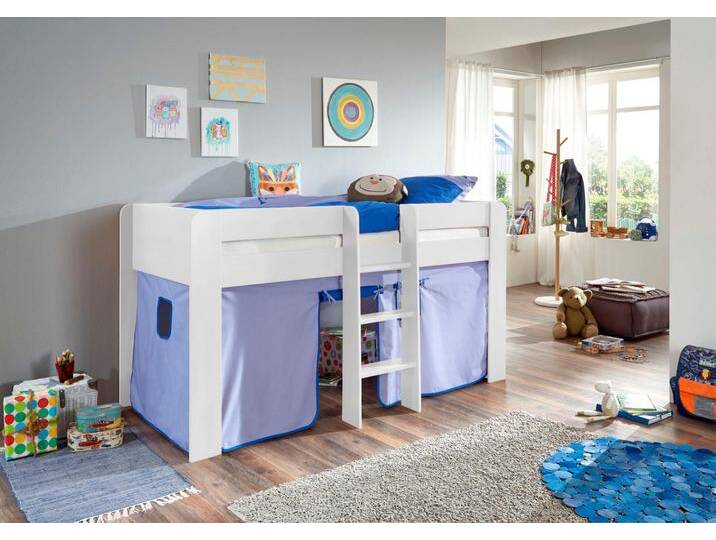 Hochbett RELITA Andi , blau (buche dekor weiß blau, delfin), Liegefläche B/L: 90cm x 200cm, kein Härtegrad, kein Härtegrad, Spanplatte: Buche Nachbildung Melamin weiß lackiert;Stoff: 100% Baumwolle (bei 30 C waschbar), Hochbetten, mit Rolllattenrost und Vorhang, mit Leiter, pflegel. Dekor Oberfläche von Relita