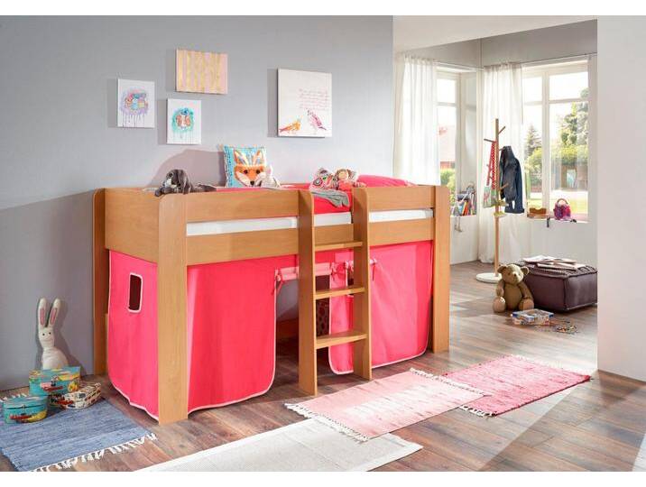 Hochbett RELITA Andi , pink (buche dekor natur pink, rosa), Liegefläche B/L: 90cm x 200cm, kein Härtegrad, kein Härtegrad, Spanplatte: Buche Nachbildung Melamin natur;Stoff: 100% Baumwolle (bei 30 C waschbar), Hochbetten, mit Rolllattenrost und Vorhang, mit Leiter, pflegel. Dekor Oberfläche von Relita