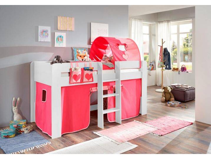 Hochbett RELITA Andi , pink (buche dekor weiß pink, rosa), Liegefläche B/L: 90cm x 200cm, kein Härtegrad, kein Härtegrad, Stoff: 100% Baumwolle (bei 30 C waschbar), Hochbetten, mit Rolllattenrost, Textil-Set und Leiter, pflegel. Dekor Oberfläche von Relita