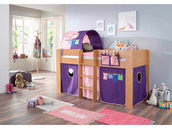 Hochbett RELITA Andi , rosa (buche dekor natur rosa, violett), H:107cm, Spanplatte: Buche Nachbildung Melamin natur;Stoff: 100% Baumwolle (bei 30 C waschbar), Hochbetten, mit Rolllattenrost, Textil-Set und Leiter, pflegel. Dekor Oberfläche von Relita