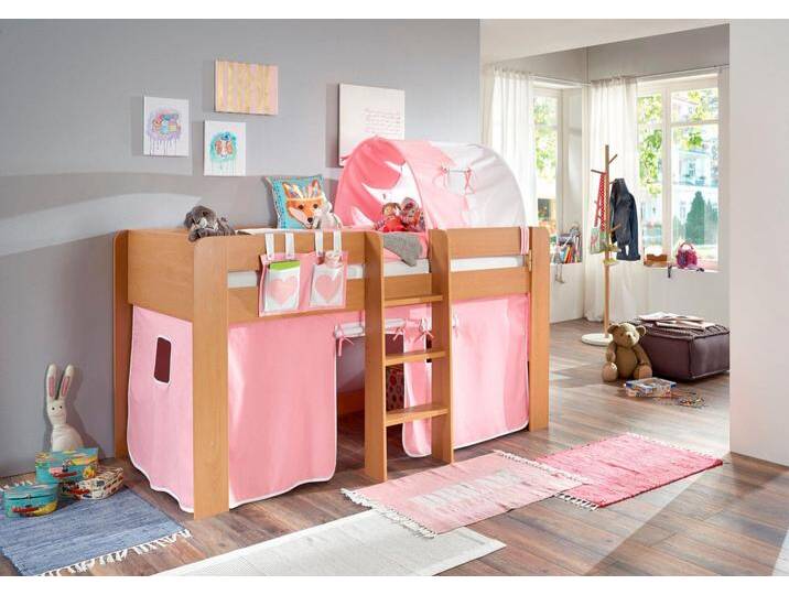 Hochbett RELITA Andi , rosa (buche dekor natur rosa, weiß), H:107cm, Spanplatte: Buche Nachbildung Melamin natur;Stoff: 100% Baumwolle (bei 30 C waschbar), Hochbetten, mit Rolllattenrost, Textil-Set und Leiter, pflegel. Dekor Oberfläche von Relita