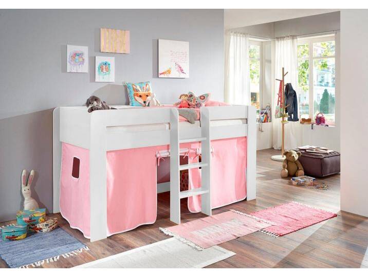 Hochbett RELITA Andi , rosa (buche dekor weiß rosa, weiß), Liegefläche B/L: 90cm x 200cm, kein Härtegrad, kein Härtegrad, Spanplatte: Buche Nachbildung Melamin weiß lackiert;Stoff: 100% Baumwolle (bei 30 C waschbar), Hochbetten, mit Rolllattenrost und Vorhang, mit Leiter, pflegel. Dekor Oberfläche von Relita