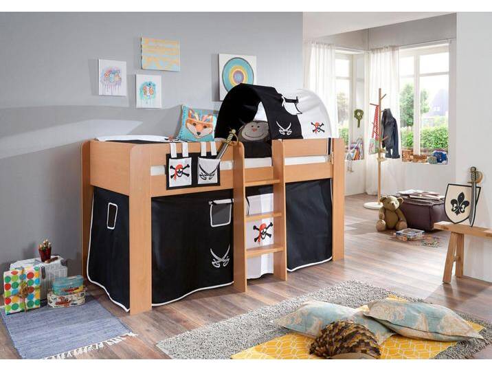 Hochbett RELITA Andi , schwarz (buche dekor natur pirat), H:107cm, Spanplatte: Buche Nachbildung Melamin natur;Stoff: 100% Baumwolle (bei 30 C waschbar), Hochbetten, mit Rolllattenrost, Textil-Set und Leiter, pflegel. Dekor Oberfläche von Relita