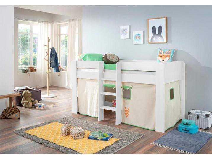 Hochbett RELITA Andi , weiß (buche dekor weiß beige, grün), Liegefläche B/L: 90cm x 200cm, kein Härtegrad, kein Härtegrad, Spanplatte: Buche Nachbildung Melamin weiß lackiert;Stoff: 100% Baumwolle (bei 30 C waschbar), Hochbetten, mit Rolllattenrost und Vorhang, mit Leiter, pflegel. Dekor Oberfläche von Relita