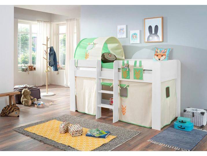 Hochbett RELITA Andi , weiß (buche dekor weiß beige, grün), Liegefläche B/L: 90cm x 200cm, kein Härtegrad, kein Härtegrad, Stoff: 100% Baumwolle (bei 30 C waschbar), Hochbetten, mit Rolllattenrost, Textil-Set und Leiter, pflegel. Dekor Oberfläche von Relita