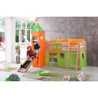 RELITA Spielbett KIM 90x200 cm, mit Rutsche, Turm Buche massiv natur lackiert Stoffset grün/orange von Relita