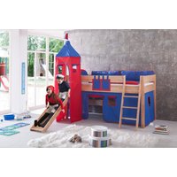 RELITA Spielbett KIM 90x200 cm, mit Rutsche und Turm Buche massiv natur lackiert Stoffset blau/rot von Relita