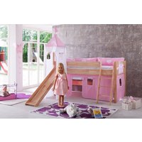 RELITA Spielbett KIM 90x200cm, mit Rutsche,Turm Buche massiv natur lackiert Stoffset rosa/weiß/herz von Relita