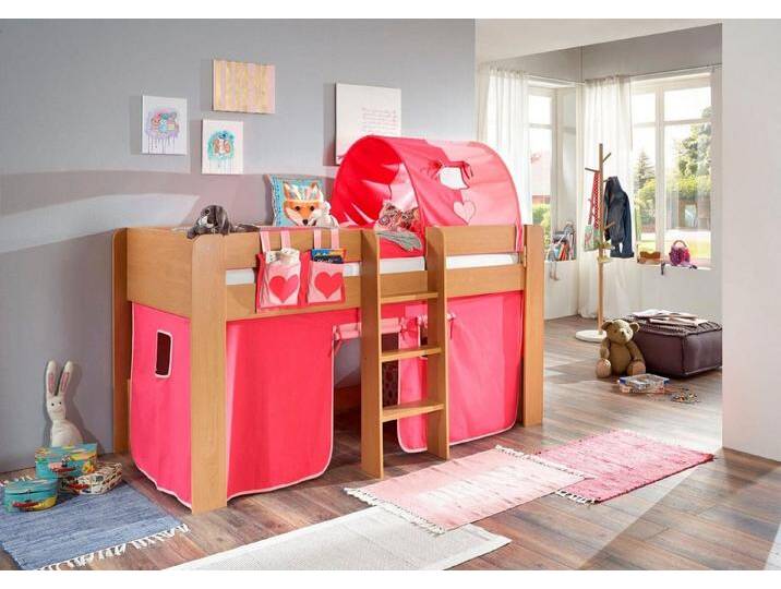 Relita Hochbett Andi mit Rolllattenrost, Textil-Set und Leiter, pflegel. Dekor Oberfläche, rosa, Buche Dekor natur pink/rosa von Relita