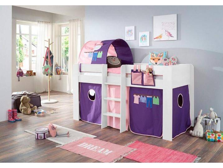 Relita Hochbett Andi mit Rolllattenrost, Textil-Set und Leiter, pflegel. Dekor Oberfläche, rosa, Buche Dekor weiß rosa/violett von Relita