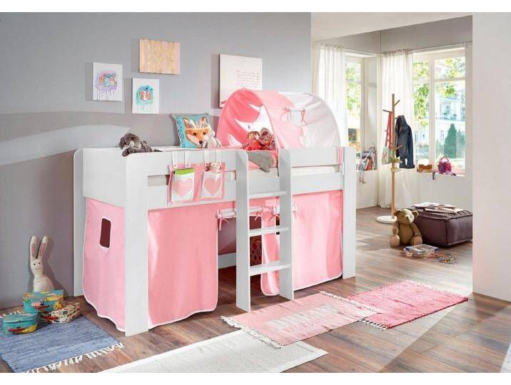 Relita Hochbett Andi mit Rolllattenrost, Textil-Set und Leiter, pflegel. Dekor Oberfläche, rosa, Buche Dekor weiß rosa/weiß von Relita