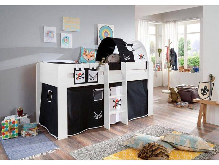 Relita Hochbett Andi mit Rolllattenrost, Textil-Set und Leiter, pflegel. Dekor Oberfläche, schwarz, Buche Dekor weiß Pirat von Relita
