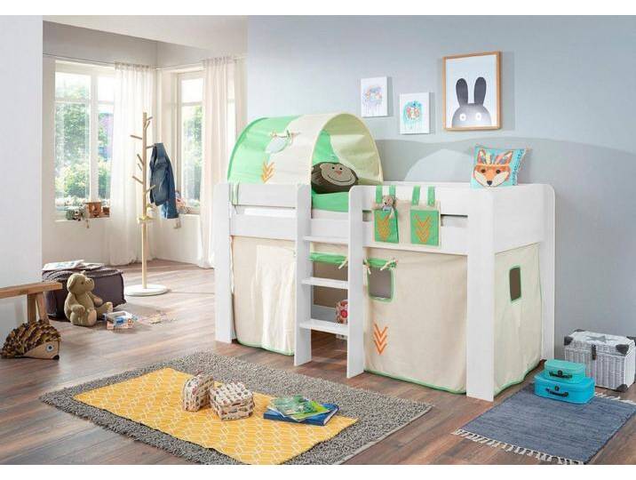 Relita Hochbett Andi mit Rolllattenrost, Textil-Set und Leiter, pflegel. Dekor Oberfläche, weiß, Buche Dekor weiß beige/grün von Relita