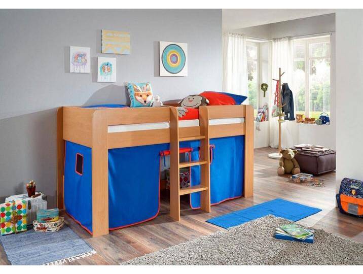 Relita Hochbett Andi mit Rolllattenrost und Vorhang, mit Leiter, pflegel. Dekor Oberfläche, blau, Buche Dekor natur blau/rot von Relita