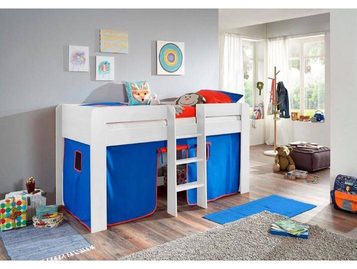 Relita Hochbett Andi mit Rolllattenrost und Vorhang, mit Leiter, pflegel. Dekor Oberfläche, blau, Buche Dekor weiß blau/rot von Relita
