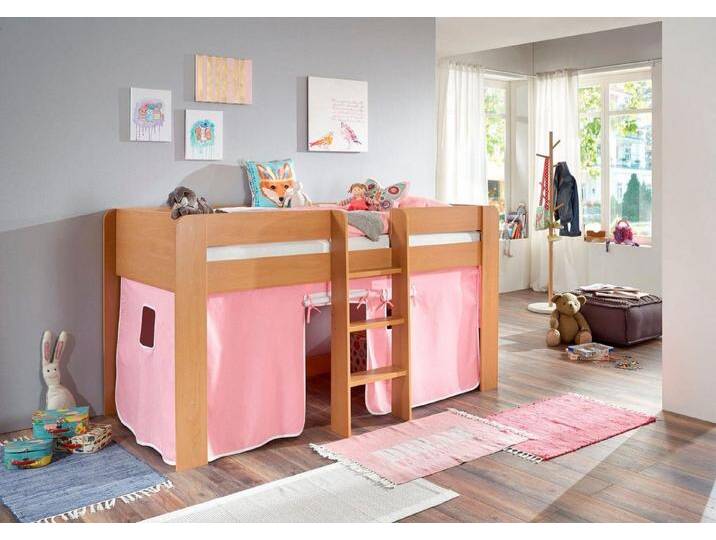 Relita Hochbett Andi mit Rolllattenrost und Vorhang, mit Leiter, pflegel. Dekor Oberfläche, rosa, Buche Dekor natur rosa/weiß von Relita
