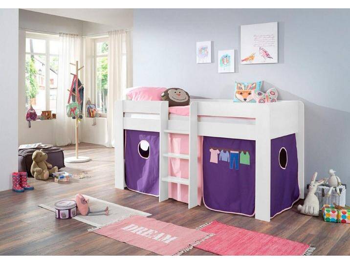 Relita Hochbett Andi mit Rolllattenrost und Vorhang, mit Leiter, pflegel. Dekor Oberfläche, rosa, Buche Dekor weiß rosa/violett von Relita
