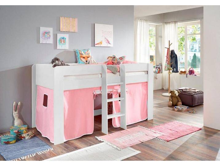 Relita Hochbett Andi mit Rolllattenrost und Vorhang, mit Leiter, pflegel. Dekor Oberfläche, rosa, Buche Dekor weiß rosa/weiß von Relita