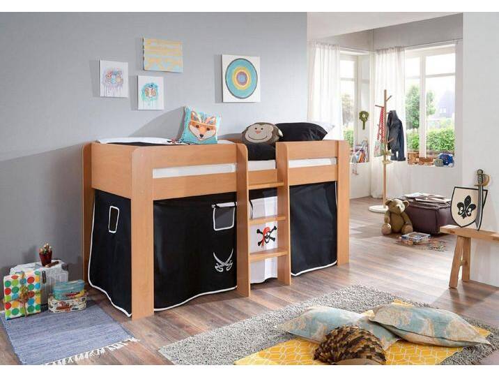 Relita Hochbett Andi mit Rolllattenrost und Vorhang, mit Leiter, pflegel. Dekor Oberfläche, schwarz, Buche Dekor natur Pirat von Relita