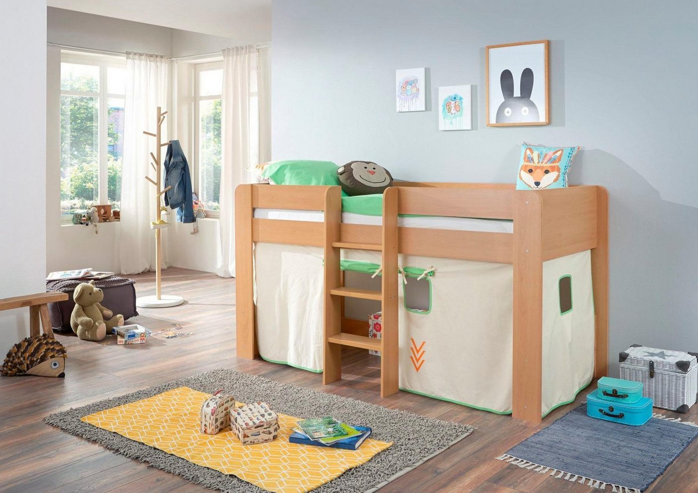 Relita Hochbett Andi mit Rolllattenrost und Vorhang, mit Leiter, pflegel. Dekor Oberfläche Relita Hochbett Andi mit Rolllattenrost und Vorhang, mit Leiter, pflegel. Dekor Oberfläche von Relita