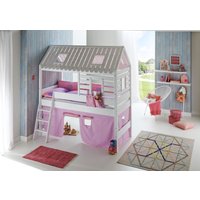 Spielbett Tom´s Hütte und Bett Kim Buche massiv weiß lackiert. Textilset purple/rosa/herz von Relita