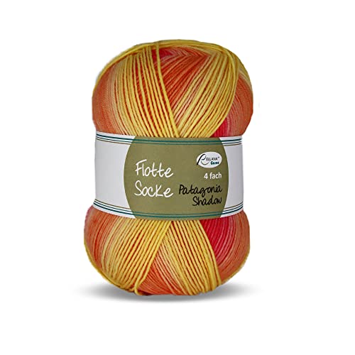 Rellana 4-fädige Sockenwolle,Patagonia Shadow,100g/420m,Traceable Yarn,75% Schurwolle superwash, 25% Polyamid (Farbe 1722 rot-gelb) von Rellana