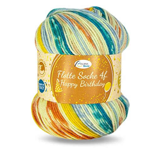 Rellana Flotte Socke Happy Birthday,4-fädig,100g/420m LL, 75% Schurwolle/25% Polyamid, farbenfrohe Jacquardmuster (1704 kastanie-gelb-petrol) von Rellana