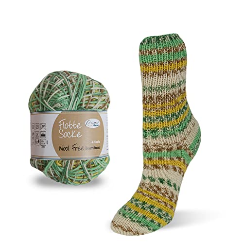 Rellana Flotte Socke Wool free Bamboo 100 g Sockenwolle Vegan mit Bambus Sommersocken stricken (1911 natur-gelb-grün) von Rellana
