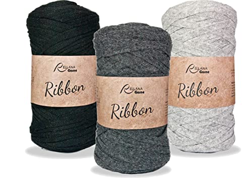 Ribbon XL Garn Sparset Textilgarn Rellana 3x250g nachhaltiges Bändchengarn aus recycelter Baumwolle (Grau-Schwarz-Dunkelgrau) von Rellana