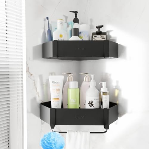 Relland Duschablage ohne Bohren, 2 Stück Duschregal ohne Bohren Badezimmer Organizer Badregal ohne Bohren oder Bohrlöcher Shampoo Halterung für Dusche, Duschablage Schwarz aus Edelstahl von Relland