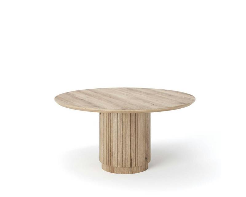 Rellgo Esstisch Eiche rund – Massivholz-Tisch Ando mit Trommelgestell – Handgefertigt, 100 % Wildeiche, Schweizer Kante, Baumstamm-Trommelgestell von Rellgo