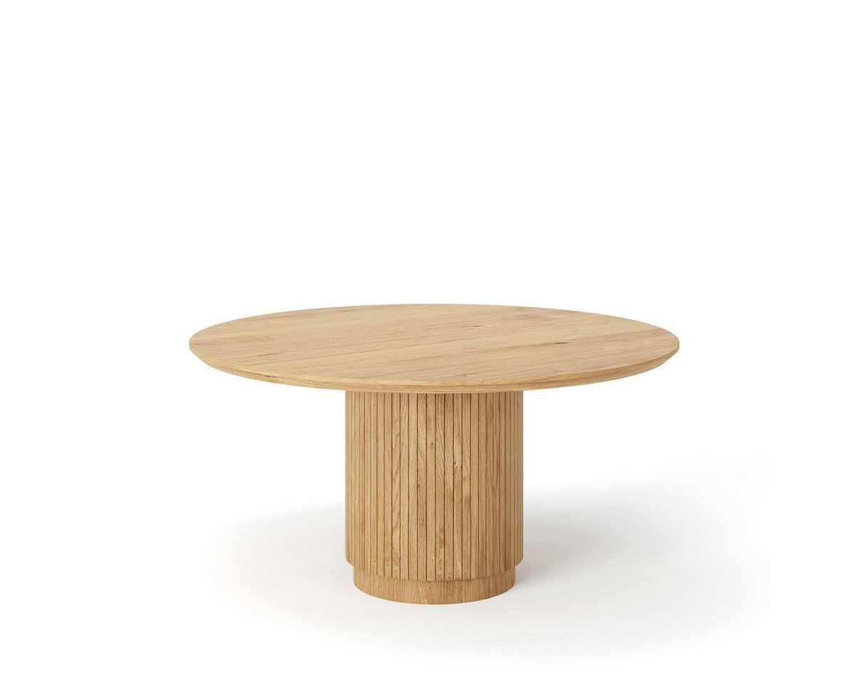 Rellgo Esstisch Eiche rund – Massivholz-Tisch Ando mit Trommelgestell – Handgefertigt, 100 % Wildeiche, Schweizer Kante, Baumstamm-Trommelgestell von Rellgo
