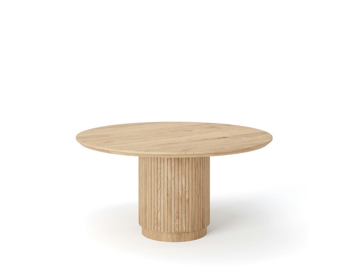 Rellgo Esstisch Eiche rund – Massivholz-Tisch Ando mit Trommelgestell – Handgefertigt, 100 % Wildeiche, Schweizer Kante, Baumstamm-Trommelgestell von Rellgo