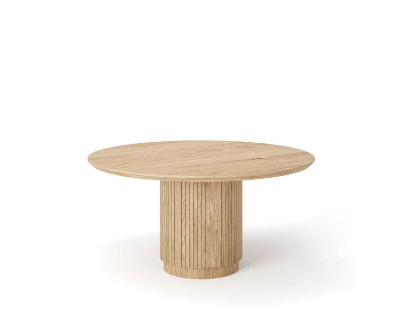 Rellgo Esstisch Eiche rund – Massivholz-Tisch Ando mit Trommelgestell – Handgefertigt, 100 % Wildeiche, Schweizer Kante, Baumstamm-Trommelgestell von Rellgo