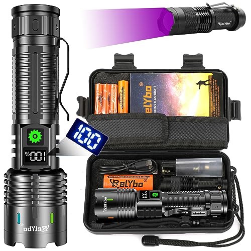 Relybo Taschenlampe Led Aufladbar, Led Taschenlampe Extrem Hell 30000 lumen, Taschenlampe Batteriebetrieben Usb, Taktische Taschenlampe Mit Holster, Starke Taschenlampe für Outdoor Notfälle Camping von Relybo