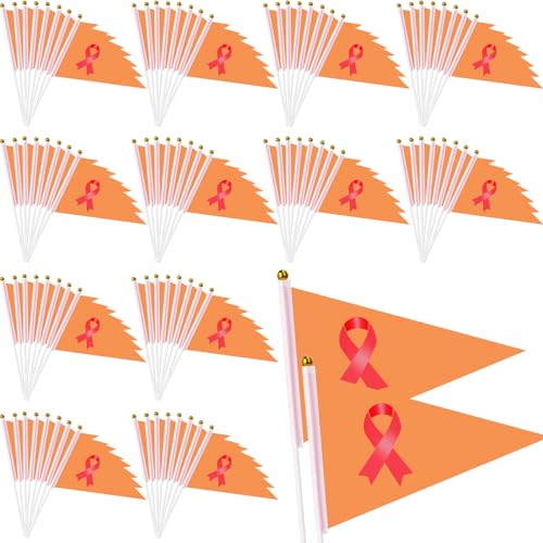 Remagr 100 Stück orangefarbene Band-Bewusstseins-Handflagge – Leukämie und Nierenkrebs Prävention Propaganda-Flagge mit Stange von Remagr
