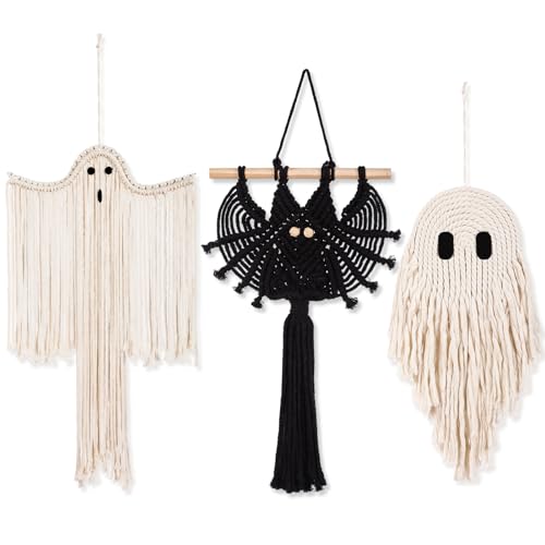 Remagr 3 Stück Halloween Makramee Geist Fledermaus Wanddekoration Handgemachte Geist Wandbehang Halloween Boho Dekorationen Gruselige Jahreszeit Dekor für Heimdekorationen von Remagr