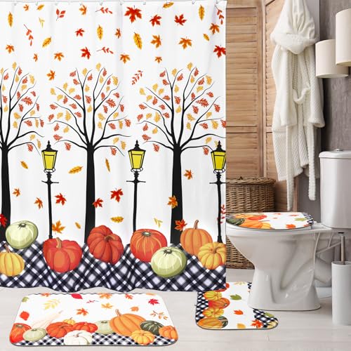 Remagr 4-teiliges Herbst-Duschvorhang-Set mit Teppichen, Herbst-Kürbis-Duschvorhänge für Badezimmer, inklusive Herbst-Kürbis-Vorhänge, rutschfester Teppich, WC-Deckelbezug, Badematte und 12 Haken für Remagr 4-teiliges Herbst-Duschvorhang-Set mit Teppichen, Herbst-Kürbis-Duschvorhänge für Badezimmer, inklusive Herbst-Kürbis-Vorhänge, rutschfester Teppich, WC-Deckelbezug, Badematte und 12 Haken für von Remagr