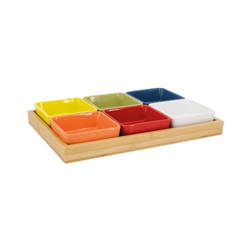 REMEMBER Exklusives Schalenset mit Holztablett, Serviertablett für Snacks und Dips, Ideal als Snackteller für Vorspeisen, Knabbereien, Tapas - 7 tlg. von Remember