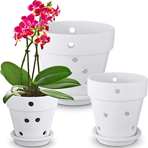 3 Stück Orchideentopf mit Löchern, 3 Größen, Keramik-Orchideen-Blumentopf-Set mit Entwässerungslöchern und Untertassen, für drinnen und draußen, Orchideen-Pflanzgefäß, zum Umtopf, Luftzirkulation von Remerry