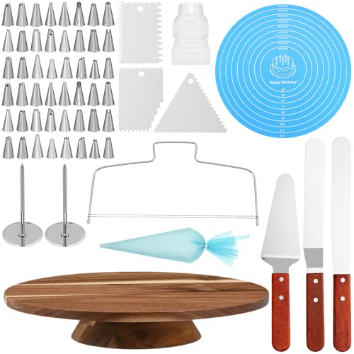 Remerry 61-teiliges Kuchendekorationsset mit 30,5 cm Holz-Kuchenständerdrehteller inklusive Spritztüllen, Spatel, Kupplung, versetzter und gerader Spatel, Silikonmatte, Backwerkzeuge für Anfänger und Remerry 61-teiliges Kuchendekorationsset mit 30,5 cm Holz-Kuchenständerdrehteller inklusive Spritztüllen, Spatel, Kupplung, versetzter und gerader Spatel, Silikonmatte, Backwerkzeuge für Anfänger und von Remerry