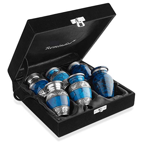 Kleine Urnen für menschliche Asche, Mini-Andenken, Set mit 6 Stück, Blau und Silber mit Samtetui… von Reminded