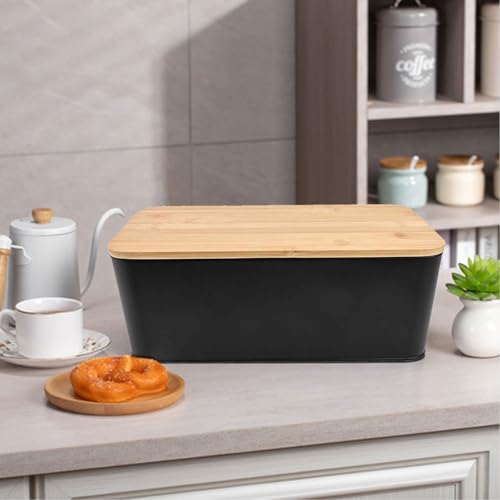 Brotbox aus Metall mit Holzdeckel für die Küche, entworfen mit Belüftung, um Brot, Muffins und Bagels länger frisch zu halten, mit Servierbrettdeckel (schwarz) von RemixAst